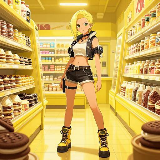Cyberpunk Girl in Yellow Frozen Food Store