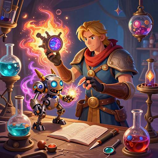 Digital fantasy artwork of a blond, muscular male wizard in armor, conjuring fire and magic from small, glowing robots at a laboratory table.