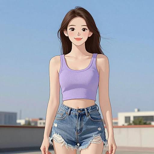 Digital anime-style drawing of a smiling young Asian woman with long black hair, wearing a lavender crop top and frayed denim shorts, standing on a rooftop