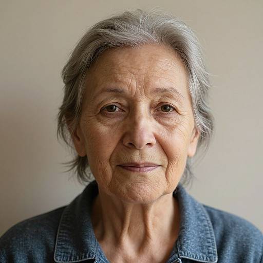 Photograph of an elderly woman with gray hair, wrinkled skin, and a gentle smile, wearing a blue denim shirt, against a plain light background
