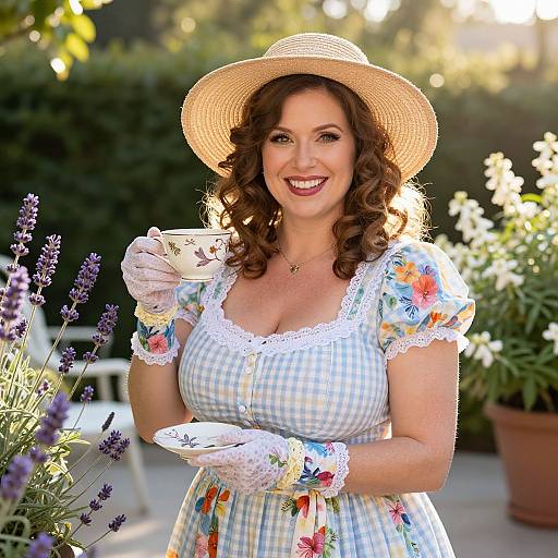 Photograph of a smiling, curly-haired woman in a straw hat, floral checkered dress, white gloves, holding a teacup, standing in