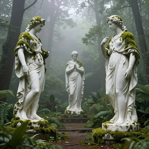 Photograph of three white, moss-covered classical statues in a misty forest, standing on a stone path, surrounded by lush greenery and ferns