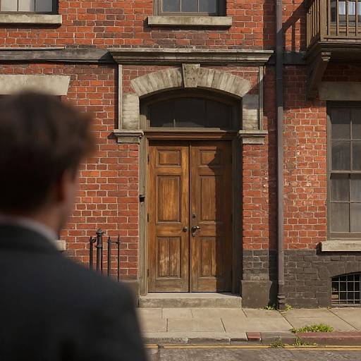 Photograph of a red-brick building with a weathered wooden double door, arched stone frame, black accents, and a blurred person in foreground