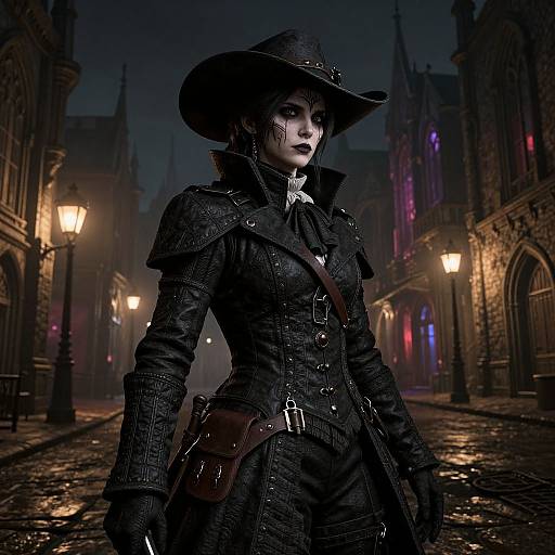 Digital artwork of a gothic, dark-haired woman in a black leather corset, hat, and gloves, standing on a foggy, neon-l