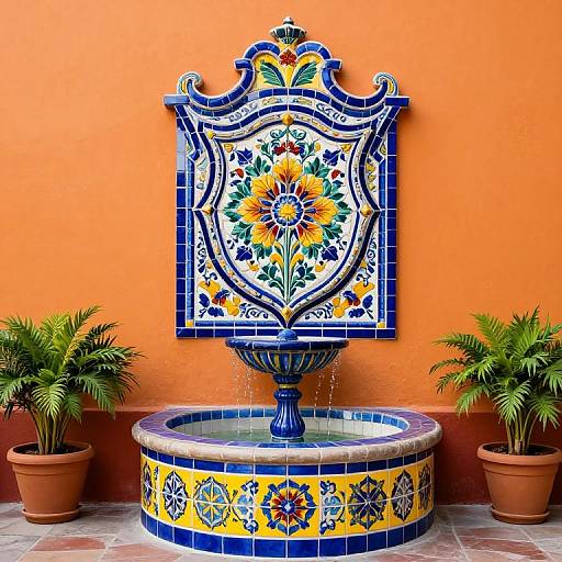 Vibrant photograph of a circular blue-tiled fountain with intricate yellow, blue, and green floral tile pattern, set against an orange wall, fl