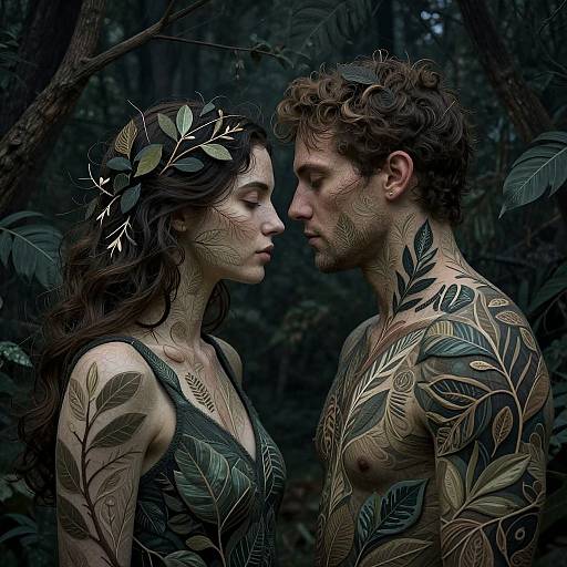 Photograph-style digital artwork of a tattooed, shirtless couple in a dark forest, facing each other, with leafy tattoos and a crown on