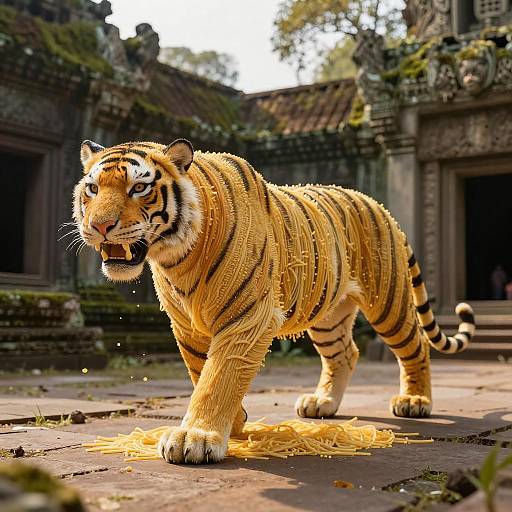 Hyperrealistic Spaghetti Tiger in Ancient Temple