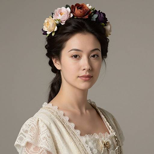Photograph of an Asian woman with fair skin, black hair in a braid, wearing a floral crown, white lace dress, and neutral expression,