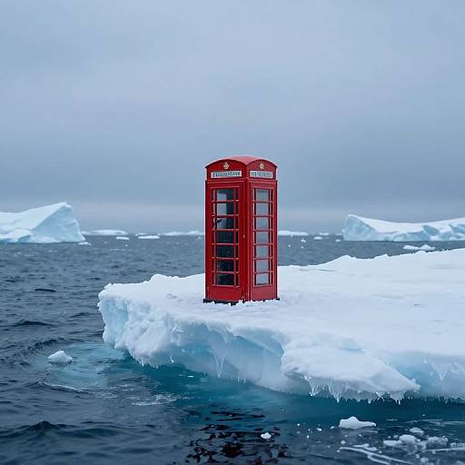 Photograph of a red British telephone booth standing on a floating ice chunk in a vast, icy ocean under a cloudy sky.