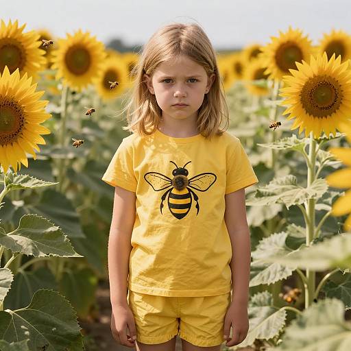 Young Girl in Sunflower Field with Bees