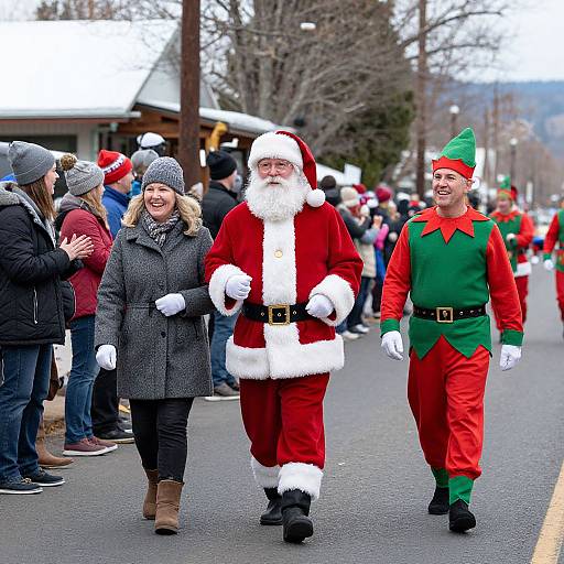 Photograph of Santa Claus in red suit, white beard, black belt, walking with a smiling woman in gray coat and elf in green outfit, during