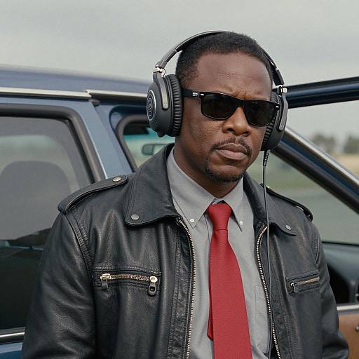 Serious Black Man in Wing Pilot Costume with Headphones