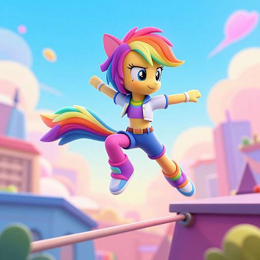 Vibrant 3D CGI of a colorful, rainbow-maned pony with large eyes, mid-jump, wearing a white shirt, blue shorts