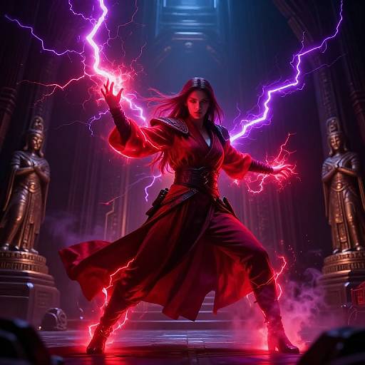 Digital artwork of a fierce woman with long hair, wielding glowing purple and red lightning in a dark, ornate temple. Her black robe billows,