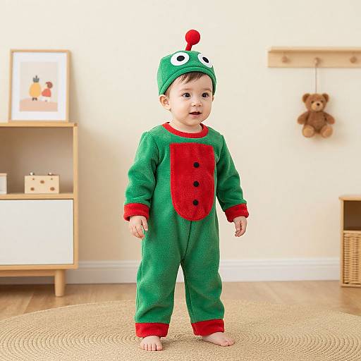 Photograph of a baby in a green and red monster onesie with a red button chest, standing on a beige rug in a brightly lit, tidy