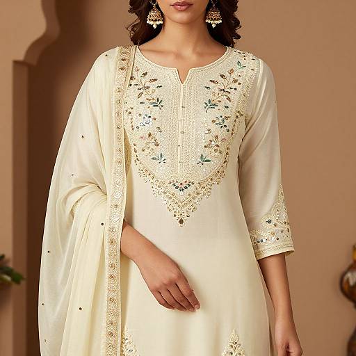 Photograph of a woman in an elegant white traditional Indian kurti with gold and green embroidery, wearing gold earrings, standing against a beige wall.