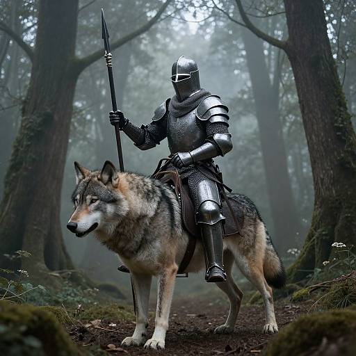 Digital art of armored knight in silver armor with helmet, holding spear, riding a large, grey wolf in a misty forest.