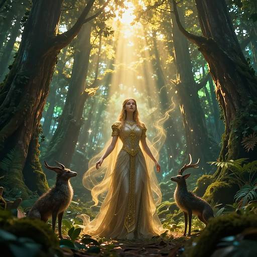 Digital fantasy artwork of a golden-robed, long-haired woman standing in a sunlit forest, surrounded by two deer, with a butterfly flying nearby.