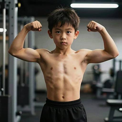 Photograph of a young, shirtless Asian boy with short black hair, flexing his arms in a gym, wearing black workout pants.