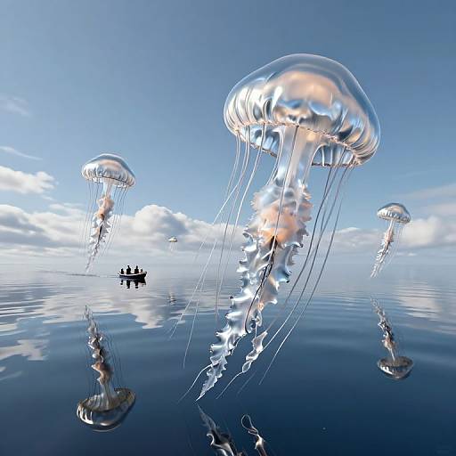 Giant Jellyfish Float on Silver Sky