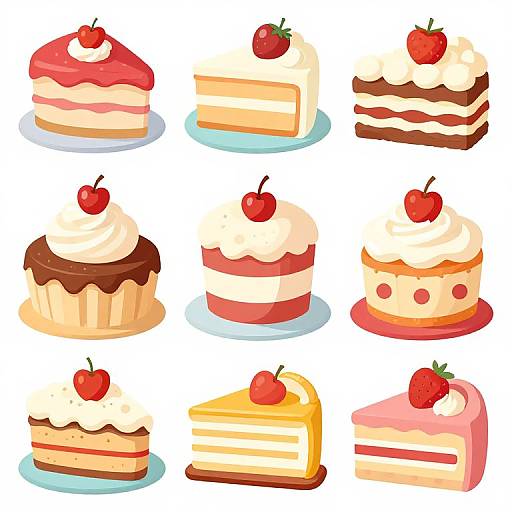 Digital illustration of nine colorful, detailed desserts: three cakes, three cupcakes, three slices, each with whipped cream and strawberries on top.