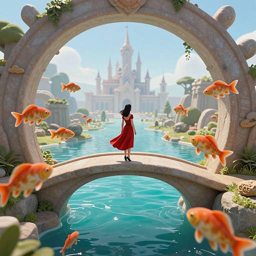 Digital illustration: A woman in a red dress stands on a stone arch bridge, overlooking a blue river with orange koi fish, leading to a grand