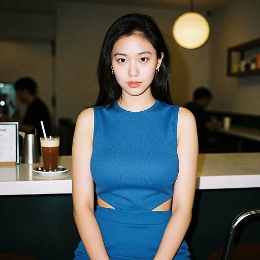 Photograph of an Asian woman with long black hair, wearing a sleeveless blue dress with cutouts, sitting at a café bar, with a drink