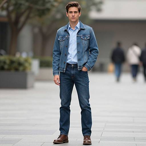 Photograph of a tall, handsome man with short brown hair, wearing a blue denim jacket, white shirt, dark jeans, and brown shoes, standing