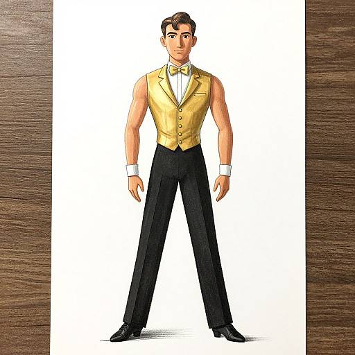Digital illustration of a handsome, muscular man with short brown hair, wearing a yellow vest, black bow tie, white shirt, black trousers, and black