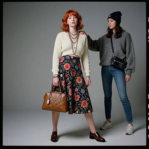 Photograph of a red-haired woman in a white sweater and floral skirt, holding a brown handbag, standing with a beanie-wearing woman in