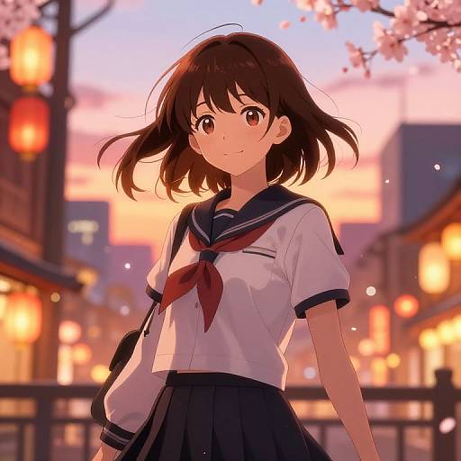 Anime Girl in Vibrant Cityscape Sunset