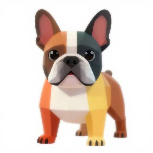 Digital illustration of a stylized French Bulldog with a colorful split face: black, white, orange, and yellow, standing against a white background.