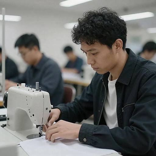 Serious Man Sewing in Industrial Workshop