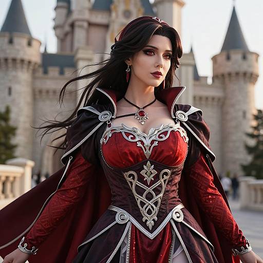Photorealistic digital art of a dark-haired woman in a red and black ornate medieval gown with intricate silver embroidery, standing in front of a castle