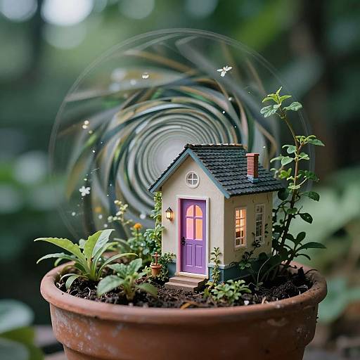 Photograph of a tiny, white house with a purple door in a terracotta pot, surrounded by green plants and a blurred, circular bokeh