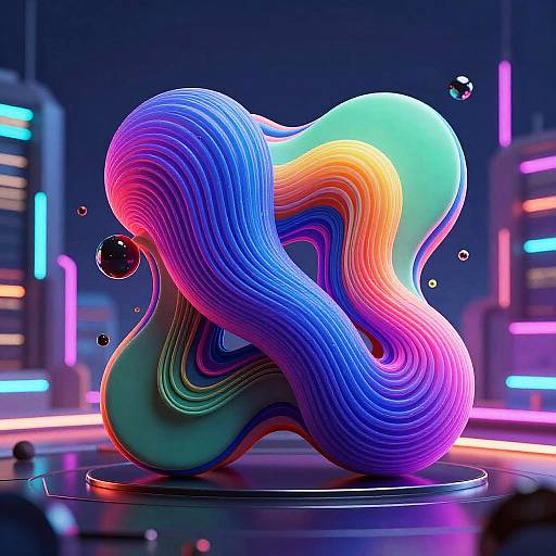 Neon, digital CGI sculpture of a wavy, rainbow-colored, ribbon-like form with floating bubbles, set against a futuristic, glowing cityscape background