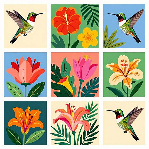 Colorful digital illustration of nine small squares featuring hummingbirds and vibrant tropical flowers in shades of red, orange, yellow, pink, and green. Hum