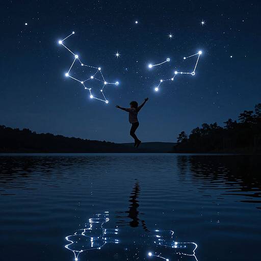 Silhouetted person jumping on calm lake, reflecting constellation in night sky; blue hues dominate, stars forming constellations overhead. Photograph.