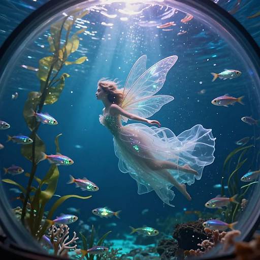 Photograph of a fairy-like woman with translucent wings, flowing dress, surrounded by colorful fish and underwater plants, viewed through a circular glass. Ethereal