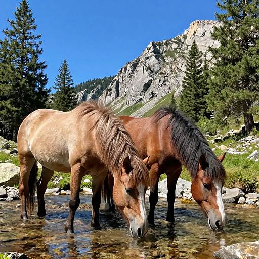 Photograph of two horses, one light brown and one dark brown, drinking from a clear mountain stream with rocky, pine-filled background and bright blue sky