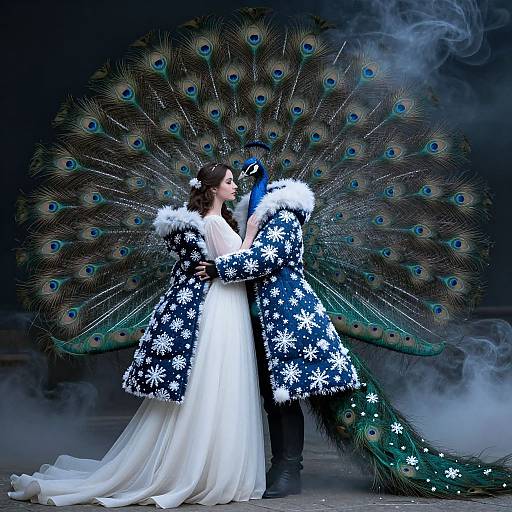 Photograph: Elegant couple in white wedding dress and blue, white, and black floral fur coat, standing in front of a peacock's expansive tail