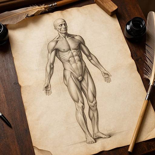 Detailed black-and-white pencil drawing of a muscular, nude male figure standing on aged paper, surrounded by art supplies on a dark wooden table.
