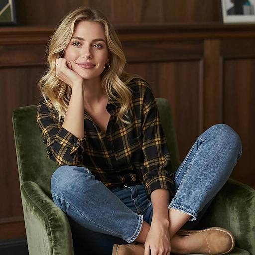Blonde Woman in Plaid Shirt Sitting