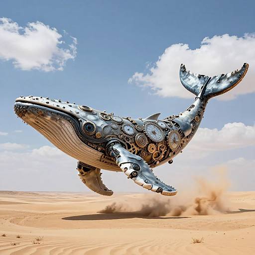 Digital art of a steampunk-style, gear-filled blue whale leaping in a desert with a clear blue sky and fluffy clouds.