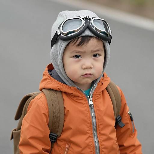 Serious Toddler Wearing Aviator Goggles and Orange Jacket