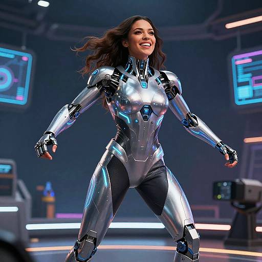 Photorealistic CGI of a smiling, dark-haired woman in a shiny, silver and black metallic bodysuit, standing confidently in a futuristic, tech