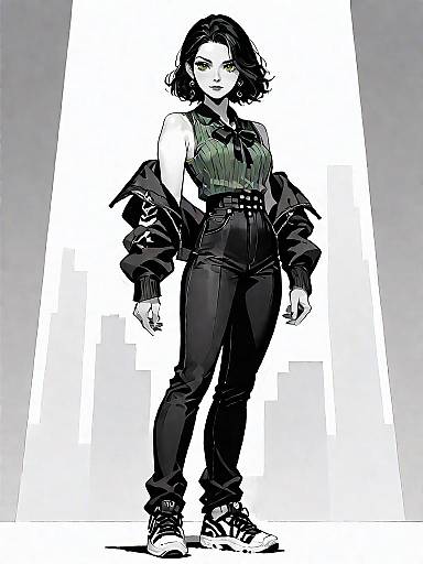 Stylish Woman in Olive Green Jumpsuit and Sneakers