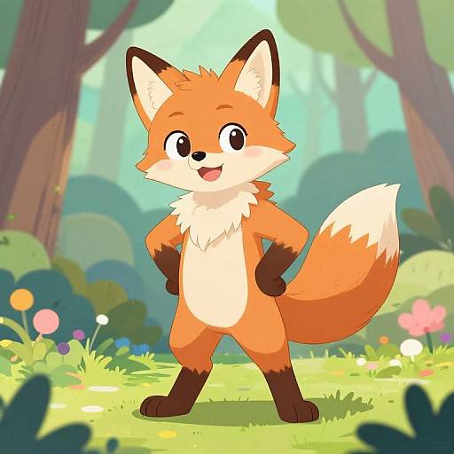 Cartoon fox with orange fur, white chest and tail tip, black paws and ears, standing confidently in a sunny, colorful forest.