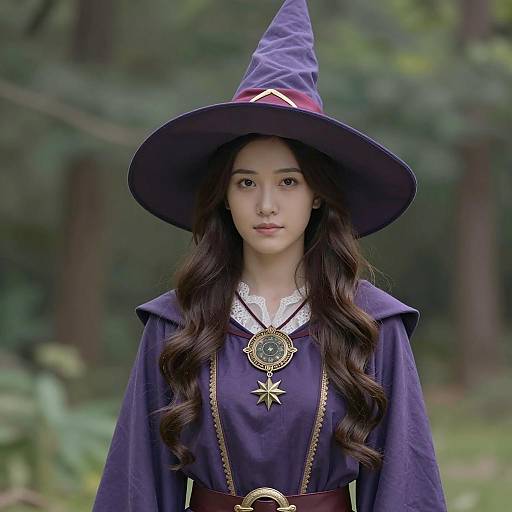Young Woman in Purple Wizard Costume Outdoors
