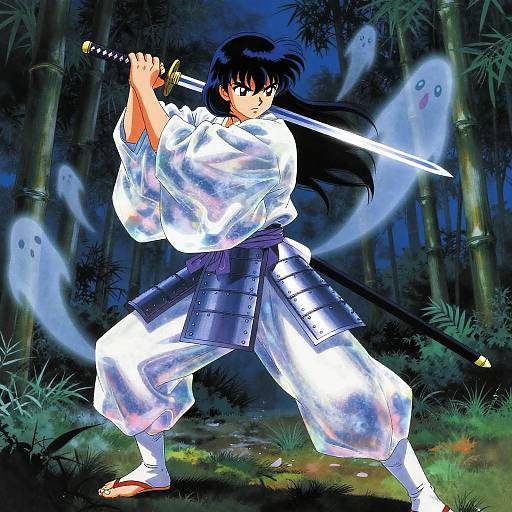 Anime-style drawing of a samurai woman in a white kimono and black armor, holding a sword, surrounded by ghostly figures in a dark bamboo